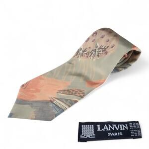 LANVIN Paris Vintage 80s 100% Silk Tie Necktie Abstract Art Peach Grey Boat